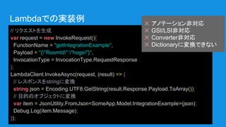 Lambdaでの実装例
// リクエストを生成
var request = new InvokeRequest(){
FunctionName = "getIntegrationExample",
Payload = "{"RoomId":"hoge"}",
InvocationType = InvocationType.RequestResponse
};
LambdaClient.InvokeAsync(request, (result) => {
// レスポンスをstringに変換
string json = Encoding.UTF8.GetString(result.Response.Payload.ToArray());
// 目的のオブジェクトに変換
var item = JsonUtility.FromJson<SomeApp.Model.IntegrationExample>(json);
Debug.Log(item.Message);
});
✕ アノテーション非対応
✕ GSI/LSI非対応
✕ Converter非対応
✕ Dictionaryに変換できない
 