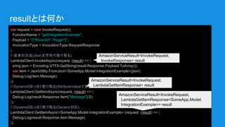 resultとは何か
var request = new InvokeRequest(){
FunctionName = "getIntegrationExample",
Payload = "{"RoomId":"hoge"}",
InvocationType = InvocationType.RequestResponse
};
// 従来の方法(Json文字列で受け取る)
LambdaClient.InvokeAsync(request, (result) => {
sring json = Encoding.UTF8.GetString(result.Response.Payload.ToArray());
var item = JsonUtility.FromJson<SomeApp.Model.IntegrationExample>(json);
Debug.Log(item.Message);
});
// DynamoDBっぽく受け取る(AttributeValueで受け取る)
LambdaClient.GetItemAsync(request, (result) => {
Debug.Log(result.Response.Item["Message"].S);
});
// DynamoDBっぽく受け取る(Generic対応)
LambdaClient.GetItemAsync<SomeApp.Model.IntegrationExample> (request, (result) => {
Debug.Log(result.Response.item.Message);
});
AmazonServiceResult<InvokeRequest,
LambdaGetItemResponse> result
AmazonServiceResult<InvokeRequest,
InvokeResponse> result
AmazonServiceResult<InvokeRequest,
LambdaGetItemResponse<SomeApp.Model.
IntegrationExample>> result
 