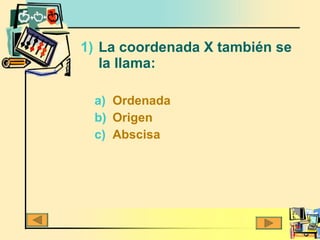 La coordenada X también se la llama: Ordenada Origen Abscisa   