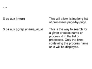 ...
$ ps aux | more
$ ps aux | grep pname_or_id
This will allow listing long list
of processes page-by-page.
This is the way to search for
a given process name or
process id in the list of
processes. Only the lines
containing the process name
or id will be displayed.
 