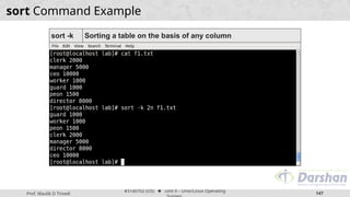 Prof. Maulik D Trivedi
#3140702 (OS) ⬥ Unit 9 – Unix/Linux Operating
147
sort Command Example
sort -k Sorting a table on the basis of any column
 