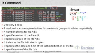 Prof. Maulik D Trivedi
#3140702 (OS) ⬥ Unit 9 – Unix/Linux Operating
10
🞂 Directory & Files
🞂 A read, write, execute permissions for user(root), group and others respectively
🞂 A number of links for file / dir.
🞂 It specifies owner of the file / dir.
🞂 It specifies group of the file / dir.
🞂 It indicates the file / dir size in bytes.
🞂 It specifies the date and time of the last modification of the file.
🞂 It specify name of the file / dir.
ls Command
drwxr-
xr-x
own
er
grou
p
othe
rs
 