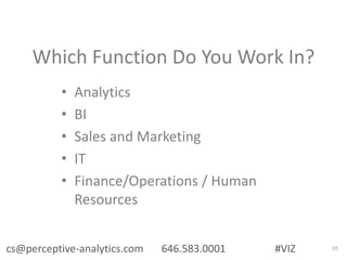 Which Function Do You Work In?
• Analytics
• BI
• Sales and Marketing
• IT
• Finance/Operations / Human
Resources
cs@perceptive-analytics.com 646.583.0001 #VIZ 10
 
