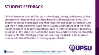 STUDENT FEEDBACK
‘84% of students are satisfied with the volume, timing, and nature of their
assessments. They told us that they have lots of preparation time, that
deadlines can be negotiated, and that lecturers can adapt assessments to
suit their needs. However, even more students highlighted that there are
recurring issues in deadline bunching, both in terms of multiple deadlines
being set at the same time, often the same day, and little time to complete
assignments after finishing a topic or receiving feedback, both of which
have resulted in difficulties in managing workloads.’
University of Portsmouth’s Students’ Union’s Quality Report (2016):
www.upsu.net/perch/resources/quality-report-2016-final.pdf
 