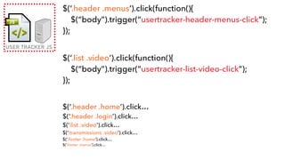 USER TRACKER JS
$(‘.header .menus’).click(function(){ 
$(“body”).trigger(“usertracker-header-menus-click”); 
}); 
$(‘.list .video’).click(function(){ 
$(“body”).trigger(“usertracker-list-video-click”); 
});
 
$(‘.header .home’).click… 
$(‘.header .login’).click… 
$(‘.list .video’).click… 
$(‘.transmissions .video’).click… 
$(‘.footer .home’).click… 
$(‘.footer .menus’).click…
 