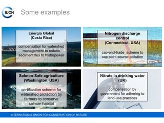Some examples
Energia Global
(Costa Rica)

Nitrogen discharge
control
(Connecticut, USA)

compensation for watershed
management to reduce
sediment flux to hydropower

cap-and-trade scheme to
cap point source pollution

Salmon-Safe agriculture
(Washington, USA)

Nitrate in drinking water
(UK)

certification scheme for
watershed protection by
farmers to conserve
salmon habitat

compensation by
government for adhering to
land-use practices

INTERNATIONAL UNION FOR CONSERVATION OF NATURE

 