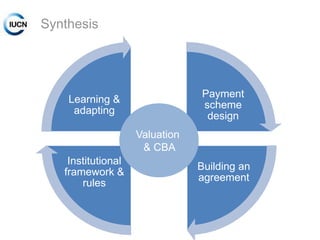 Synthesis

Payment
scheme
design

Learning &
adapting
Valuation
& CBA
Institutional
framework &
rules

INTERNATIONAL UNION FOR CONSERVATION OF NATURE

Building an
agreement

 