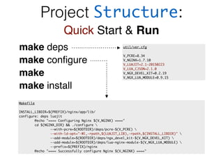 Project Structure:
Quick Start & Run
make deps
make conﬁgure
make
make install
util/ver.cfg
V_PCRE=8.34
V_NGINX=1.7.10
V_LUAJIT=2.1-20150223
V_LUA_CJSON=2.1.0
V_NGX_DEVEL_KIT=0.2.19
V_NGX_LUA_MODULE=0.9.15
Makefile
INSTALL_LIBDIR=$(PREFIX)/nginx/app/lib/
configure: deps luajit
@echo "==== Configuring Nginx $(V_NGINX) ===="
cd $(NGINX_DIR) && ./configure 
--with-pcre=$(ROOTDIR)/deps/pcre-$(V_PCRE) 
--with-ld-opt="-Wl,-rpath,$(LUAJIT_LIB),-rpath,$(INSTALL_LIBDIR)" 
--add-module=$(ROOTDIR)/deps/ngx_devel_kit-$(V_NGX_DEVEL_KIT) 
--add-module=$(ROOTDIR)/deps/lua-nginx-module-$(V_NGX_LUA_MODULE) 
--prefix=$(PREFIX)/nginx
@echo "==== Successfully configure Nginx $(V_NGINX) ===="
 