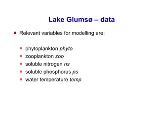 Lake Glumsø – data Relevant variables for modelling are: phytoplankton  phyto   zooplankton  zoo   soluble nitrogen  ns soluble phosphorus  ps   water temperature  temp   