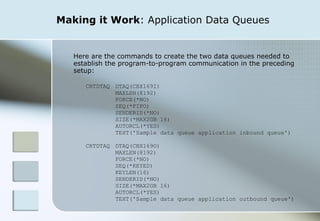 Making it Work : Application Data Queues Here are the commands to create the two data queues needed to establish the program-to-program communication in the preceding setup: CRTDTAQ  DTAQ(CBX169I)  MAXLEN(8192)  FORCE(*NO)  SEQ(*FIFO)  SENDERID(*NO)  SIZE(*MAX2GB 16)  AUTORCL(*YES)  TEXT('Sample data queue application inbound queue') CRTDTAQ  DTAQ(CBX169O)  MAXLEN(8192)  FORCE(*NO)  SEQ(*KEYED)  KEYLEN(16)  SENDERID(*NO)  SIZE(*MAX2GB 16)  AUTORCL(*YES)  TEXT('Sample data queue application outbound queue') 