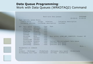 Data Queue Programming : Work with Data Queues (WRKDTAQ2) Command Work with Data Queues  WYNDHAMW  28-08-09  21:04:20  Type options, press Enter.  1=Send entry  3=Copy  4=Delete  5=Display description  8=Display entries  13=Change description  14=Clear  Opt  Data queue  Library  Type  Text  QPMJ12T017  QMPGDATA  *STD  QQFEQ04906  QQFTEMP  *STD  QSNMPSAQ  QUSRSYS  *STD  QSRVCTL  QSERVICE  *STD  QSRVMON  QSERVICE  *STD  QSYSDTAQ  QSYS  *STD  Exit point: QIBM_QWT_JOBNOTIFY -format: NT  QS9HDW  QSRVAGT  *STD  QS9PALTIME  QSRVAGT  *STD  QYIVPUBDTQ  QUSRSYS  *STD  Central PublishingAgent Data Queue  QYPSJDTAQ  QMGTC2  *STD  QYPSJSVR data queue  QYPSJDTAQ  QUSRSYS  *STD  QYPSJSVR data queue  More...  Parameters or command  ===>  F3=Exit  F4=Prompt  F5=Refresh  F6=Create data queue  F9=Retrieve  F11=Display full text  F12=Cancel  F17=Top  F18=Bottom  