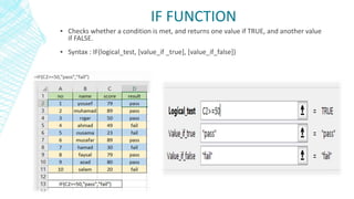 IF FUNCTION
▪ Checks whether a condition is met, and returns one value if TRUE, and another value
if FALSE.
▪ Syntax : IF(logical_test, [value_if _true], [value_if_false])
 