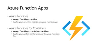 Azure Function Apps
• Azure Functions
• azure/functions-action
• Deploy your serverless code to an Azure Function App
• Azure Functions for Containers
• azure/functions-container-action
• Deploy your custom container image to Azure Functions
App.
 