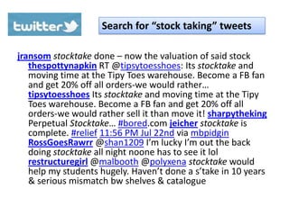 Search for “stock taking” tweets

jransom stocktake done – now the valuation of said stock
   thespottynapkin RT @tipsytoesshoes: Its stocktake and
   moving time at the Tipy Toes warehouse. Become a FB fan
   and get 20% off all orders-we would rather…
   tipsytoesshoes Its stocktake and moving time at the Tipy
   Toes warehouse. Become a FB fan and get 20% off all
   orders-we would rather sell it than move it! sharpytheking
   Perpetual Stocktake… #bored.com jeicher stocktake is
   complete. #relief 11:56 PM Jul 22nd via mbpidgin
   RossGoesRawrr @shan1209 I’m lucky I’m out the back
   doing stocktake all night noone has to see it lol
   restructuregirl @malbooth @polyxena stocktake would
   help my students hugely. Haven’t done a s’take in 10 years
   & serious mismatch bw shelves & catalogue
 