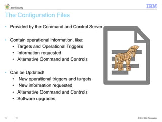© 2014 IBM Corporation
IBM Security
11 11
The Configuration Files
• Provided by the Command and Control Server
• Contain operational information, like:
• Targets and Operational Triggers
• Information requested
• Alternative Command and Controls
• Can be Updated!
• New operational triggers and targets
• New information requested
• Alternative Command and Controls
• Software upgrades
 