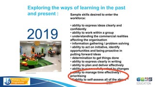© International Baccalaureate Organization 2015
2019
Exploring the ways of learning in the past
and present : Sample skills desired to enter the
workforce:
• ability to express ideas clearly and
confidently
• ability to work within a group
• understanding the commercial realities
affecting the organisation
• information gathering / problem solving
• ability to act on initiative, identify
opportunities and being proactive in
putting forward ideas
• determination to get things done
• ability to express clearly in writing
• ability to plan and deliver effectively
• ability to successfully adapt to changes
• ability to manage time effectively /
prioritising
**ability to self-assess all of the above**
http://http://www.lisd.net/bridlewood
University of Kent;
03.2017
 