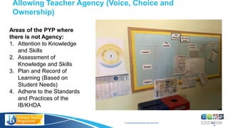 © International Baccalaureate Organization 2015
Allowing Teacher Agency (Voice, Choice and
Ownership)
Page
20
Areas of the PYP where
there is not Agency:
1. Attention to Knowledge
and Skills
2. Assessment of
Knowledge and Skills
3. Plan and Record of
Learning (Based on
Student Needs)
4. Adhere to the Standards
and Practices of the
IB/KHDA
 