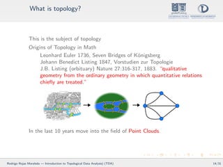 DEPARTAMENTO DE INFORMATICA
INVESTIGACION Y POSTGRADO
What is topology?
This is the subject of topology
Origins of Topology in Math
Leonhard Euler 1736, Seven Bridges of K¨onigsberg
Johann Benedict Listing 1847, Vorstudien zur Topologie
J.B. Listing (orbituary) Nature 27:316-317, 1883. “qualitative
geometry from the ordinary geometry in which quantitative relations
chieﬂy are treated.”
In the last 10 years move into the ﬁeld of Point Clouds.
Rodrigo Rojas Moraleda — Introduction to Topological Data Analysis) (TDA) 14/31
 