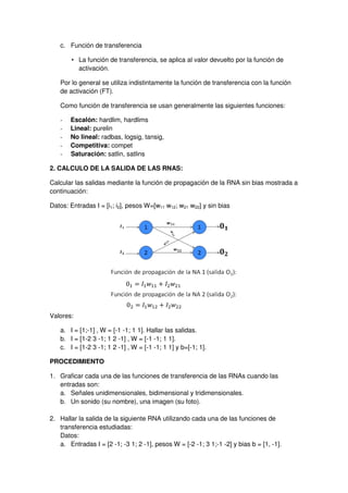 c. Función de transferencia 
• La función de transferencia, se aplica al valor devuelto por la función de 
activación. 
Por lo general se utiliza indistintamente la función de transferencia con la función 
de activación (FT). 
Como función de transferencia se usan generalmente las siguientes funciones: 
- Escalón: hardlim, hardlims 
- Lineal: purelin 
- No lineal: radbas, logsig, tansig, 
- Competitiva: compet 
- Saturación: satlin, satlins 
2. CALCULO DE LA SALIDA DE LAS RNAS: 
Calcular las salidas mediante la función de propagación de la RNA sin bias mostrada a 
continuación: 
Datos: Entradas I = [i1; i2], pesos W=[w11 w12; w21 w22] y sin bias 
Valores: 
a. I = [1;-1] , W = [-1 -1; 1 1]. Hallar las salidas. 
b. I = [1-2 3 -1; 1 2 -1] , W = [-1 -1; 1 1]. 
c. I = [1-2 3 -1; 1 2 -1] , W = [-1 -1; 1 1] y b=[-1; 1]. 
PROCEDIMIENTO 
1. Graficar cada una de las funciones de transferencia de las RNAs cuando las 
entradas son: 
a. Señales unidimensionales, bidimensional y tridimensionales. 
b. Un sonido (su nombre), una imagen (su foto). 
2. Hallar la salida de la siguiente RNA utilizando cada una de las funciones de 
transferencia estudiadas: 
Datos: 
a. Entradas I = [2 -1; -3 1; 2 -1], pesos W = [-2 -1; 3 1;-1 -2] y bias b = [1, -1]. 
 
