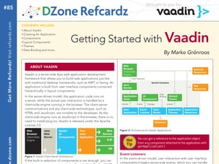 brought to you by...
#85
 Get More Refcardz! Visit refcardz.com


                                         CONTENTS INCLUDE:
                                         About Vaadin


                                                                                   Getting Started with Vaadin
                                         Creating An Application
                                         Components
                                         Layout Components
                                         Themes
                                         Data Binding and more...
                                                                                                                                                            By Marko Grönroos

                                              ABOUT VAADIN                                                         Web
                                                                                                                   Browser                                                              External
                                                                                                                   Client-Side                                                          Resources
                                          Vaadin is a server-side Ajax web application development                 Engine
                                          framework that allows you to build web applications just like                     AJAX Requests

                                          with traditional desktop frameworks, such as AWT or Swing. An                                         Servlet Container
                                                                                                                   Java                                                                 File
                                          application is built from user interface components contained            Servlet                                                              Resources
                                          hierarchically in layout components.
                                                                                                                                                        Data
                                          In the server-driven model, the application code runs on                 Application            UI            Binding     Default
                                                                                                                   Class                  Component                 Theme
                                          a server, while the actual user interaction is handled by a
                                          client-side engine running in the browser. The client-server           Inherits        Events     Changes               Inherits

                                          communications and any client-side technologies, such as                 User             Event        Data              Application   Application
                                          HTML and JavaScript, are invisible to the developer. As the              Application      Listener     Model             Themes        Resources
                                          client-side engine runs as JavaScript in the browser, there is no
                                          need to install plug-ins. Vaadin is released under the Apache                                            Database
                                          License 2.0.
                                           Web             Java         Vaadin          Your             Web    Figure 2: Architecture for Vaadin Applications
                                           Browser         Web          UI              Java          Service
                                           Client-Side     Server       Components      Application
                                                                                                                                  You can get a reference to the application object
 .dzone.com




                                           Engine                                                        EJB          Hot
                                                                                                                      Tip         from any component attached to the application with
                                                                                                          DB

                                                                                                                Event Listeners
                                          Figure 1: Vaadin Client-Server Architecture
                                                                                                                In the event-driven model, user interaction with user interface
                                          If the built-in selection of components is not enough, you can
                                                                                                                components triggers server-side events, which you can handle
 