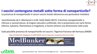 www.apel-pediatri.org alberto.ferrando1@gmail.com, www.ferrandoalberto.blogspot.com,
I vaccini contengono metalli sotto forma di nanoparticelle?
La presenza di nanoparticelle in alcuni vaccini testati attraverso una particolare metodica
recentemente da S. Montanari e A.M. Gatti (Gatti 2017). Il termine nanoparticelle si
riferisce a nanostrutture, di origine naturale o artificiale, che si presentano con varie forme
(sferica, tubulare, filamentosa o irregolare), e hanno almeno una dimensione nella scala
Sulla possibile presenza di nanoparticelle nei vaccini, l’Agenzia francese del farmaco (ANSM
http://medbunker.blogspot.com/2017/02/i-vaccini-inquinati-unesperta-dice-di-no.html
 