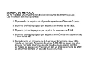 ESTUDIO DE MERCADO Se ha realizado una muestra de hábitos de consumo de 24 familias ABC.  Los resultados son los siguientes: 1. El promedio de zapatos en el guardarropa de un niño es de 5 pares. 2. El precio promedio pagado por zapatillas de marca es de  $200. 3. El precio promedio pagado por zapatos de marca es de  $100. 4. El precio promedio pagado por zapatillas económica en supermercado o simil es de  $60. 5. Considerando un consumo de 2,5 pares por temporada, 5 por año,  resulta un mercado Argentino de aprox. 1.000.000 de pares por año.  De este mercado asumimos que la mitad son potenciales clientes  de Kiosco de Zapatos de Valeria Leik con un precio promedio de $150.  La otra mitad compra un calzado mas económico. 
