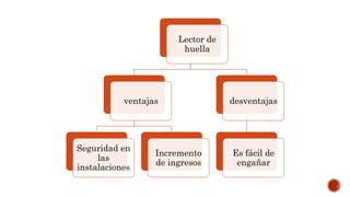 Lector de
huella
ventajas
Seguridad en
las
instalaciones
Incremento
de ingresos
desventajas
Es fácil de
engañar
 