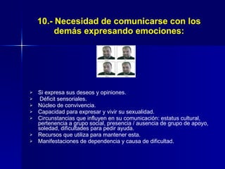 10.- Necesidad de comunicarse con los demás expresando emociones: Si expresa sus deseos y opiniones. Déficit sensoriales. Núcleo de convivencia. Capacidad para expresar y vivir su sexualidad. Circunstancias que influyen en su comunicación: estatus cultural, pertenencia a grupo social, presencia / ausencia de grupo de apoyo, soledad, dificultades para pedir ayuda. Recursos que utiliza para mantener esta. Manifestaciones de dependencia y causa de dificultad. 