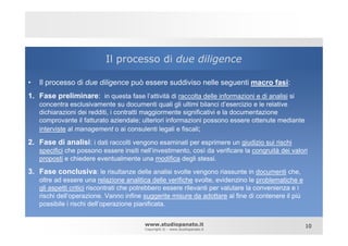 Il processo di due diligence

•   Il processo di due diligence può essere suddiviso nelle seguenti macro fasi:
1. Fase preliminare: in questa fase l’attività di raccolta delle informazioni e di analisi si
    concentra esclusivamente su documenti quali gli ultimi bilanci d’esercizio e le relative
    dichiarazioni dei redditi, i contratti maggiormente significativi e la documentazione
    comprovante il fatturato aziendale; ulteriori informazioni possono essere ottenute mediante
    interviste al management o ai consulenti legali e fiscali;

2. Fase di analisi: i dati raccolti vengono esaminati per esprimere un giudizio sui rischi
    specifici che possono essere insiti nell’investimento, così da verificare la congruità dei valori
    proposti e chiedere eventualmente una modifica degli stessi.

3. Fase conclusiva: le risultanze delle analisi svolte vengono riassunte in documenti che,
    oltre ad essere una relazione analitica delle verifiche svolte, evidenzino le problematiche e
    gli aspetti critici riscontrati che potrebbero essere rilevanti per valutare la convenienza e i
    rischi dell’operazione. Vanno infine suggerite misure da adottare al fine di contenere il più
    possibile i rischi dell’operazione pianificata.


                                          www.studiopanato.it                                         10
                                          Copyright © - www.studiopanato.it
 