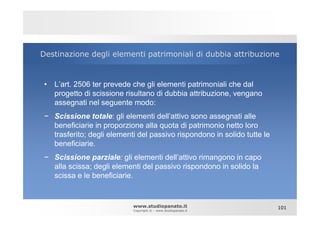 Destinazione degli elementi patrimoniali di dubbia attribuzione


 • L’art. 2506 ter prevede che gli elementi patrimoniali che dal
   progetto di scissione risultano di dubbia attribuzione, vengano
   assegnati nel seguente modo:
 − Scissione totale: gli elementi dell’attivo sono assegnati alle
   beneficiarie in proporzione alla quota di patrimonio netto loro
   trasferito; degli elementi del passivo rispondono in solido tutte le
   beneficiarie.
 − Scissione parziale: gli elementi dell’attivo rimangono in capo
   alla scissa; degli elementi del passivo rispondono in solido la
   scissa e le beneficiarie.


                            www.studiopanato.it                           101
                            Copyright © - www.studiopanato.it
 