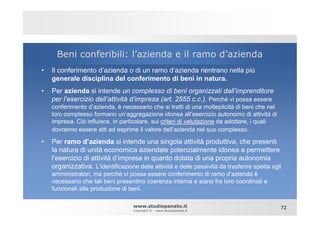 Beni conferibili: l’azienda e il ramo d’azienda
•   Il conferimento d’azienda o di un ramo d’azienda rientrano nella più
    generale disciplina del conferimento di beni in natura.
•   Per azienda si intende un complesso di beni organizzati dall’imprenditore
    per l’esercizio dell’attività d’impresa (art. 2555 c.c.). Perché vi possa essere
    conferimento d’azienda, è necessario che si tratti di una molteplicità di beni che nel
    loro complesso formano un’aggregazione idonea all’esercizio autonomo di attività di
    impresa. Ciò influisce, in particolare, sui criteri di valutazione da adottare, i quali
    dovranno essere atti ad esprime il valore dell’azienda nel suo complesso.

•   Per ramo d’azienda si intende una singola attività produttiva, che presenti
    la natura di unità economica aziendale potenzialmente idonea a permettere
    l’esercizio di attività d’impresa in quanto dotata di una propria autonomia
    organizzativa. L’identificazione delle attività e delle passività da trasferire spetta agli
    amministratori, ma perché vi possa essere conferimento di ramo d’azienda è
    necessario che tali beni presentino coerenza interna e siano fra loro coordinati e
    funzionali alla produzione di beni.

                                    www.studiopanato.it                                       72
                                    Copyright © - www.studiopanato.it
 