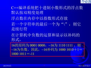 C++编译系统把十进制小数形式的浮点数
默认按双精度处理
浮点数在内存中以指数形式存放
若一个字符串的最后一个为“”，则它
是续行符
在计算机中负数的运算和显示以补码的
形式，
2013年8月 VC++程序设计
7
16的原码为 0001 0000，~16为 1110 1111 ，则
~16为负数。因此，~16补码为 1000 1010＋1＝
1000 1011＝-11
 