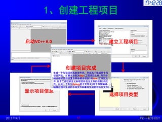 选择项目类型
显示项目信息
1、创建工程项目
2013年8月 VC++程序设计
87
启动VC++ 6.0 建立工程项目
创建项目完成
生成一个与项目同名的文件夹，并在其下生成两个与
项目同名、扩展名分别为dsp(工程项目文件,用于存
储当前项目的设置及其他相关信息)和dsw(工作区文
件,包含工作区的定义和项目所包含文件的信息)的文
件，以及一个名为Debug的子文件夹(用于存放编译、
链接过程中生成的中间文件和最终生成的可执行文件)
 