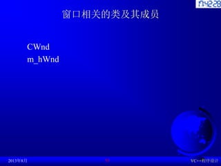 窗口相关的类及其成员
CWnd
m_hWnd
2013年8月 VC++程序设计
93
 