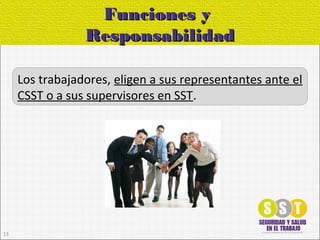 Los trabajadores, eligen a sus representantes ante el
CSST o a sus supervisores en SST.
Funciones yFunciones y
ResponsabilidadResponsabilidad
13
 