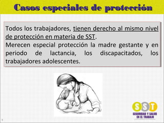 Casos especiales de protecciónCasos especiales de protección
Todos los trabajadores, tienen derecho al mismo nivel
de protección en materia de SST.
Merecen especial protección la madre gestante y en
periodo de lactancia, los discapacitados, los
trabajadores adolescentes.
Todos los trabajadores, tienen derecho al mismo nivel
de protección en materia de SST.
Merecen especial protección la madre gestante y en
periodo de lactancia, los discapacitados, los
trabajadores adolescentes.
9
 