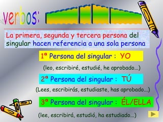 La primera, segunda y tercera persona del
singular hacen referencia a una sola persona
1ª Persona del singular : YO
2ª Persona del singular : TÚ
3ª Persona del singular : ÉL/ELLA
(leo, escribiré, estudié, he aprobado...)
(Lees, escribirás, estudiaste, has aprobado...)
(lee, escribirá, estudió, ha estudiado...)
 