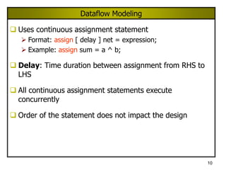 10
Dataflow Modeling
 Uses continuous assignment statement
 Format: assign [ delay ] net = expression;
 Example: assign sum = a ^ b;
 Delay: Time duration between assignment from RHS to
LHS
 All continuous assignment statements execute
concurrently
 Order of the statement does not impact the design
 