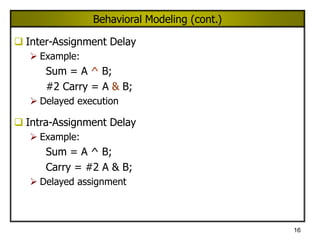 16
Behavioral Modeling (cont.)
 Inter-Assignment Delay
 Example:
Sum = A ^ B;
#2 Carry = A & B;
 Delayed execution
 Intra-Assignment Delay
 Example:
Sum = A ^ B;
Carry = #2 A & B;
 Delayed assignment
 