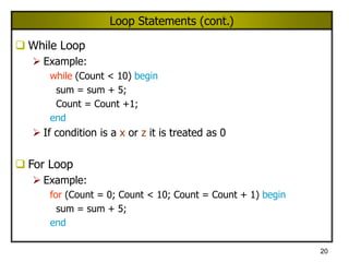 20
Loop Statements (cont.)
 While Loop
 Example:
while (Count < 10) begin
sum = sum + 5;
Count = Count +1;
end
 If condition is a x or z it is treated as 0
 For Loop
 Example:
for (Count = 0; Count < 10; Count = Count + 1) begin
sum = sum + 5;
end
 