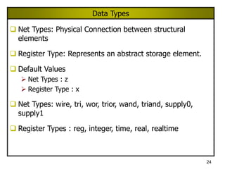 24
Data Types
 Net Types: Physical Connection between structural
elements
 Register Type: Represents an abstract storage element.
 Default Values
 Net Types : z
 Register Type : x
 Net Types: wire, tri, wor, trior, wand, triand, supply0,
supply1
 Register Types : reg, integer, time, real, realtime
 