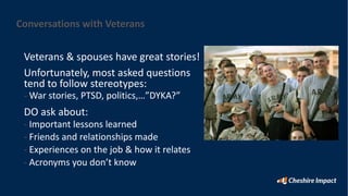 Conversations with Veterans
Veterans & spouses have great stories!
Unfortunately, most asked questions
tend to follow stereotypes:
- War stories, PTSD, politics,…”DYKA?”
DO ask about:
- Important lessons learned
- Friends and relationships made
- Experiences on the job & how it relates
- Acronyms you don’t know
 
