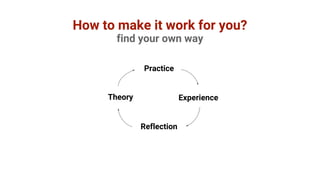 How to make it work for you?
Practice
Experience
Reflection
Theory
find your own way
 