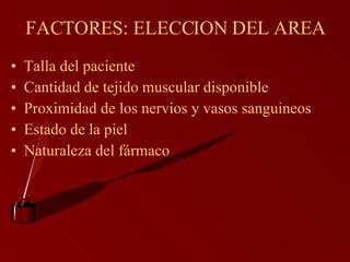 FACTORES: ELECCION DEL AREA Talla del paciente Cantidad de tejido muscular disponible Proximidad de los nervios y vasos sanguineos Estado de la piel Naturaleza del fármaco 