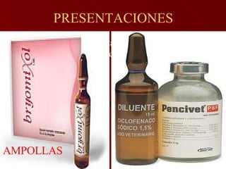 PRESENTACIONES Ampollas: se caracterizan por tener un cuello largo que presenta una constricción en su base. AMPOLLAS 