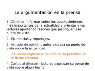 La argumentación en la prensa 1. Objetivo : informar sobre los acontecimientos más importantes de la actualidad y orientar a los lectores aportando razones que justifiquen ese punto de vista. 2. Ej : noticias y reportajes. 3. Artículo de opinión : autor expresa su punto de vista sobre la actualidad. Cuando expresa la opinión de su periódico se le llama editorial. 4. Cartas al director : lectores expresan su punto de vista sobre algún hecho. 