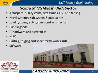 L&T Heavy Engineering

Scope of MSMEs in D&A Sector
•
•
•
•
•
•
•
•

Aerospace: Sub systems, accessories, GSE and tooling
Naval systems/ sub system & accessories
Land systems/ sub systems and accessories
Capital goods
IT hardware and electronics
MRO
Casting, forging and sheet metal works, R&D
Software

30 April 2013

© © 2013 Larsen & Toubro Limited All rights reserved
2013 Larsen & Toubro Limited : : All rights reserved

8

 