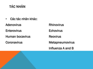 TÁC NHÂN
• Các tác nhân khác:
Adenovirus
Enterovirus
Human bocavirus
Coronavirus
Rhinovirus
Echovirus
Reovirus
Metapneumovirus
Influenza A and B
 