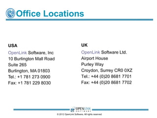 Office Locations


USA                                               UK
OpenLink Software, Inc                            OpenLink Software Ltd.
10 Burlington Mall Road                           Airport House
Suite 265                                         Purley Way
Burlington, MA 01803                              Croydon, Surrey CR0 0XZ
Tel.: +1 781 273 0900                             Tel.: +44 (0)20 8681 7701
Fax: +1 781 229 8030                              Fax: +44 (0)20 8681 7702




                          © 2012 OpenLink Software, All rights reserved.
 