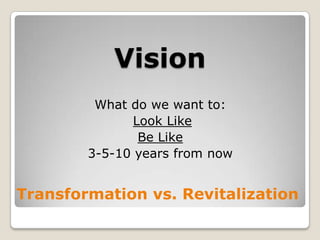 VisionWhat do we want to:Look LikeBe Like3-5-10 years from nowTransformation vs. Revitalization